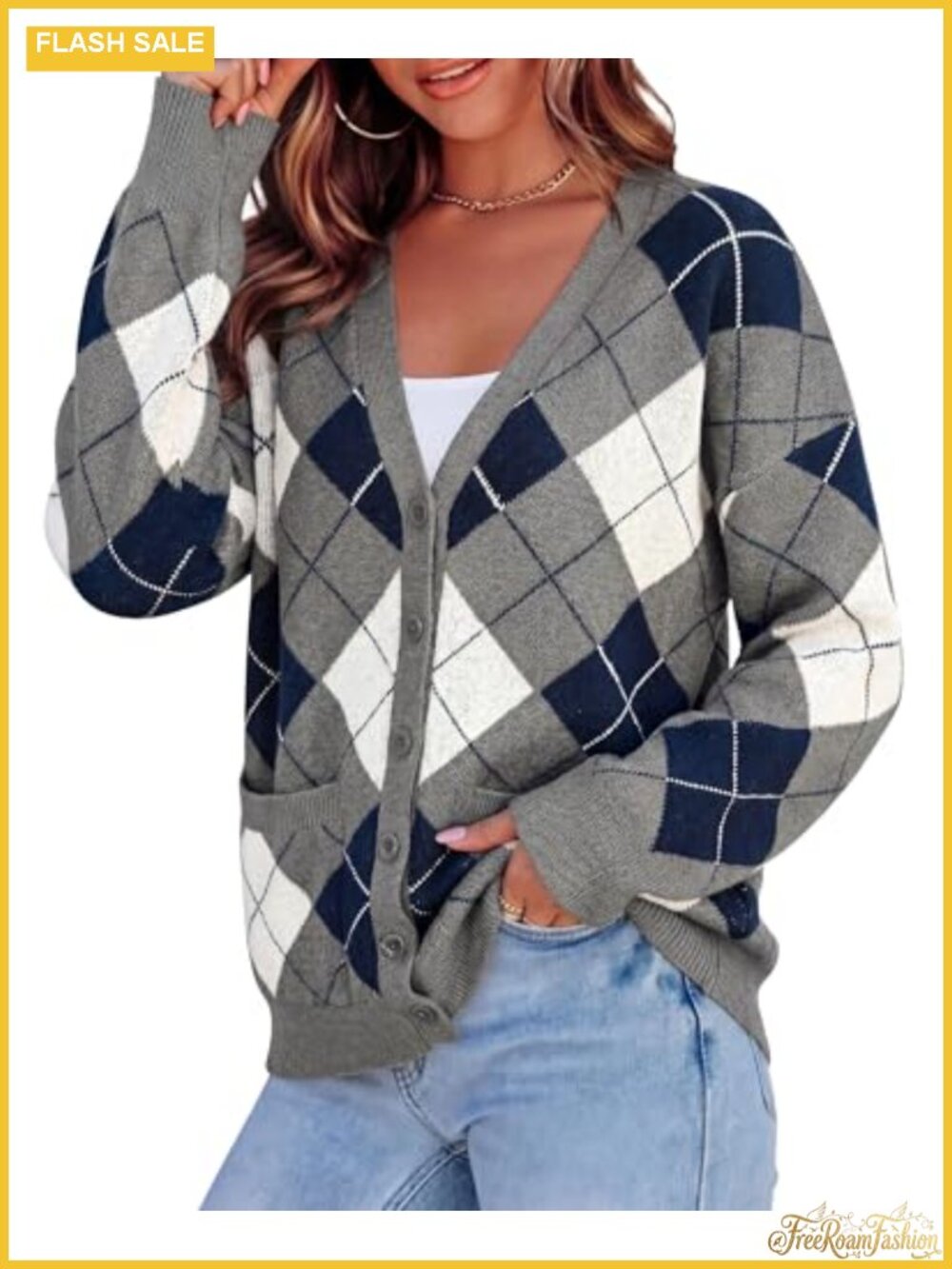 Chunky Knit Button Up Cardigan Argyle Plaid V Neck Winter Sweater